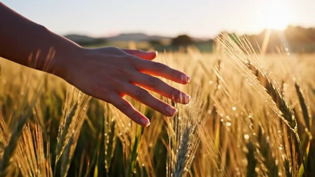 Hand Grazing Through Ripe Golden Wheat Field at Sunset, Nature's Tranquil Beauty and Serenity