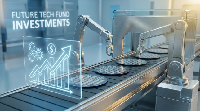 Technology fund invests in computer production infrastructure, forward-looking business concept with chips, machinery and digital industry growth appeal for manufacturing, finance and innovation