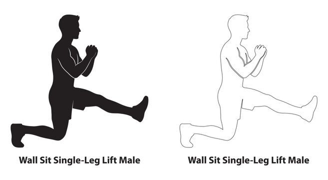 Wall Sit Single-Leg Lift Male Exercise Diagram Illustrating Advanced Core Stability and Leg Strength in Solid and Outline Silhouette Vector Styles