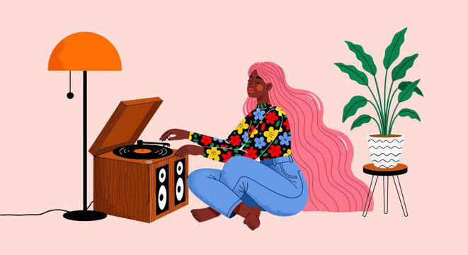 A woman enjoying vintage music at home, relaxed and surrounded by her hobbies and cozy decor, creating a vibrant and cheerful atmosphere