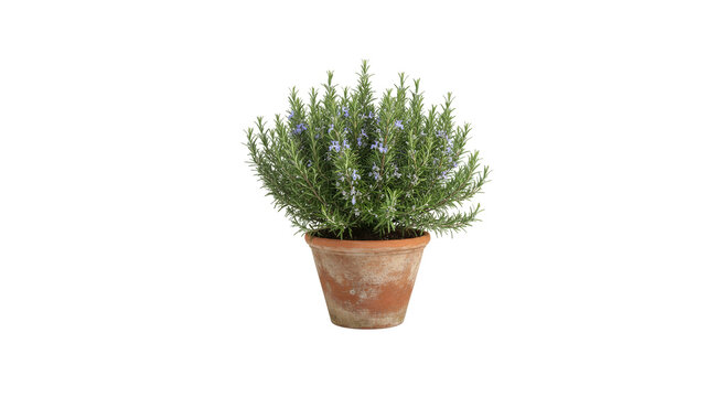 Rosemary herb plant in pot isolated on transparent background. Perfect for botanical, kitchen, and natural design elements.