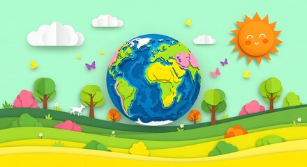 Naklejka premium Colorful flat design illustration of earth with sun, clouds, and butterflies in nature landscape