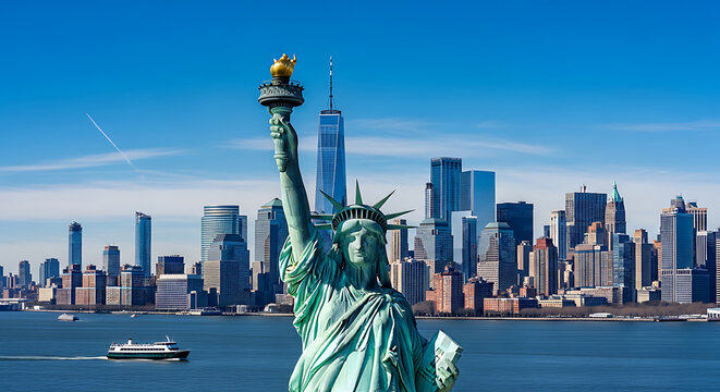 The iconic Statue of Liberty stands proudly in the foreground with the New York City skyline and One World Trade Center in the background under a clear blue sky.