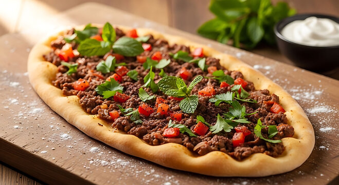 homemade vegetarian flatbread pizza with fresh arugula and cherry tomatoes on wooden board