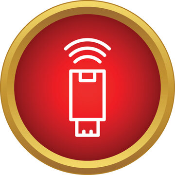 Usb dongle icon radiating wireless signals inside a red circle with gold border
