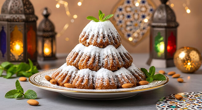 stacked traditional ramadan desserts with festive lanterns and gold decor
