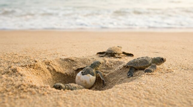Green baby turtles hatching from natural nest on the beach, animal lifestyle concept for nature branding, pet campaigns and editorial storytelling, expressive detail, calm atmosphere and broad