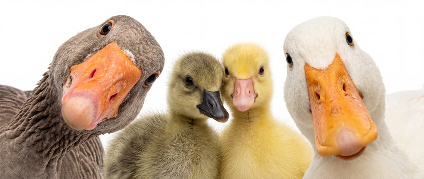 Ducks and goslings gather together in front of a white background during a sunny day at a farm