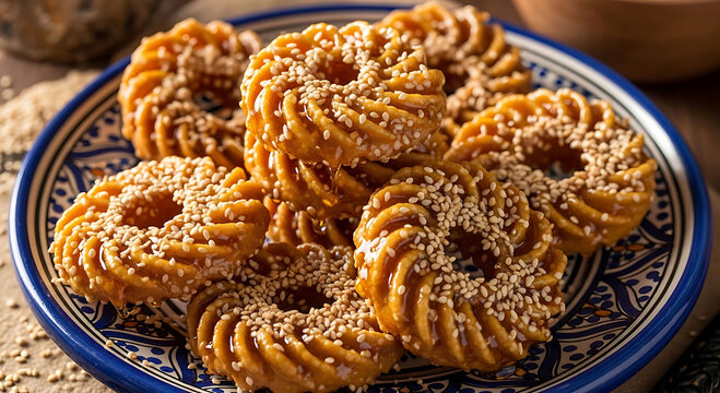 golden crispy jalebi sweets on blue ceramic plate with sesame seeds
