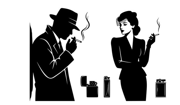 Classic noir smoking silhouettes with vintage lighter icon collection vector design