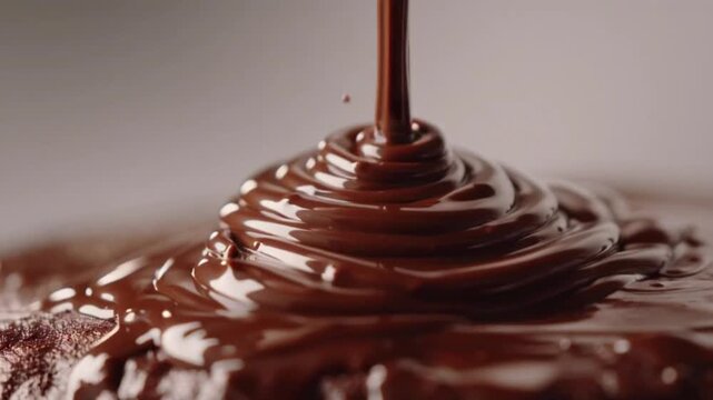 Close-up of decadent dark chocolate stream pouring smoothly, creating luxurious swirls and ripples, an inviting sweet treat, perfect for any dessert