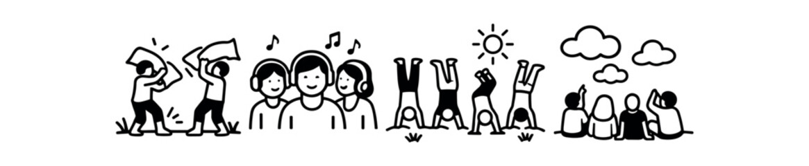 Fototapeta premium Children leisure icon set. pillow fight, singing friends, handstands, sitting and watching sky, picnic relaxation. line vector icon set.
