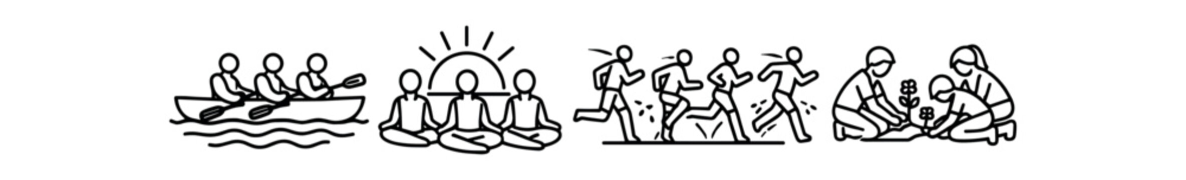 Group wellness and teamwork icon set. rowing, group meditation, fitness class, collaborative gardening, community care. line vector icon set.