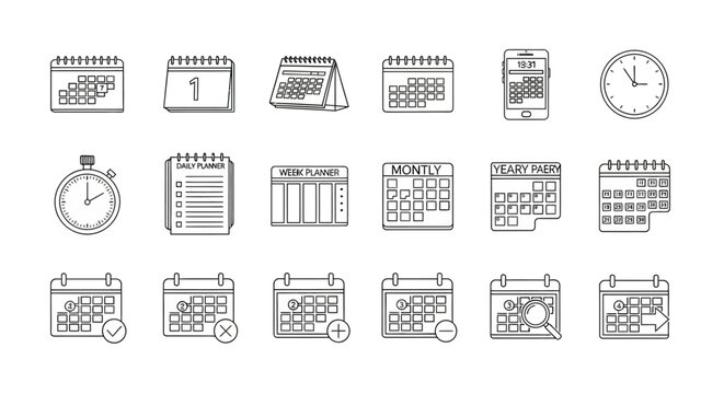 Line Art Icon Collection for Calendar, Event Planning, Time Organization, and Digital Scheduling Concepts