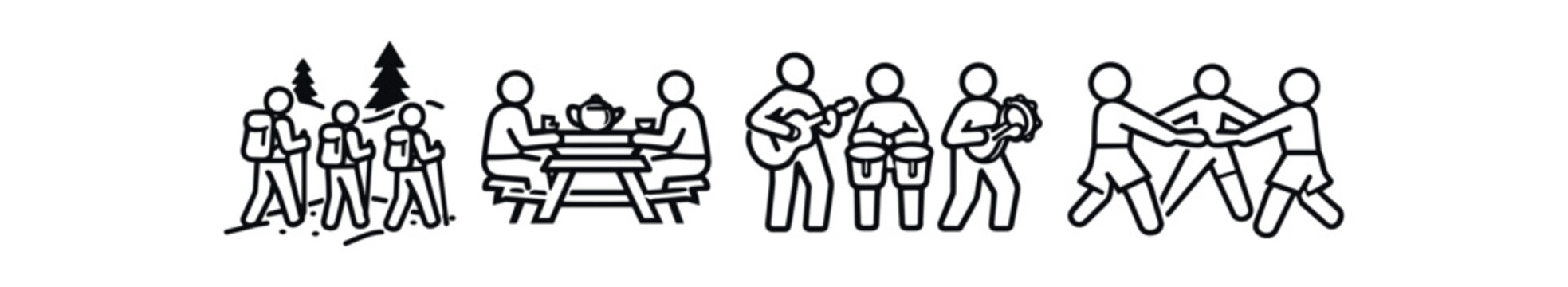 Outdoor social activities icon set. hiking, picnic dining, music and backpacks, dancing partners, nature walk. line vector illustration.