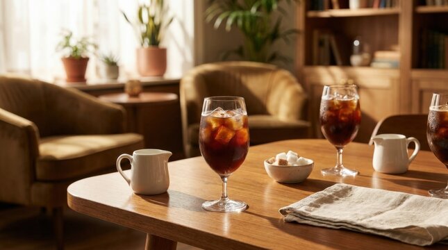 Iced coffee glasses on the table, refined cafe still life concept for beverage branding, menu campaigns and editorial storytelling, condensation detail, warm table mood and polished atmosphere create