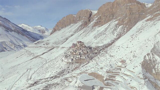 Aerial view of Key Monastery in Spiti Valley Himachal Pradesh India