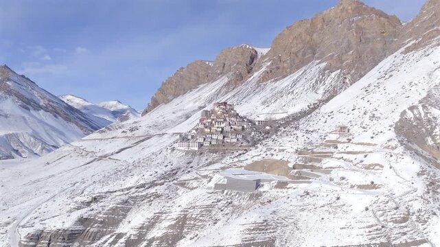 Aerial view of Key Monastery in Spiti Valley Himachal Pradesh India