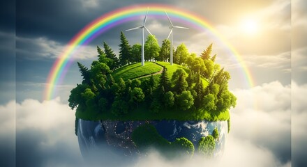 Naklejka premium Floating island with wind turbines and rainbow over clouds at sunrise