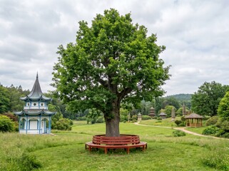 Obraz premium A massive green tree with a red circular bench stands in a field surrounded by traditional East Asian pagodas.