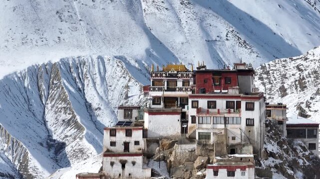 Aerial view of Key Monastery in Spiti Valley Himachal Pradesh India