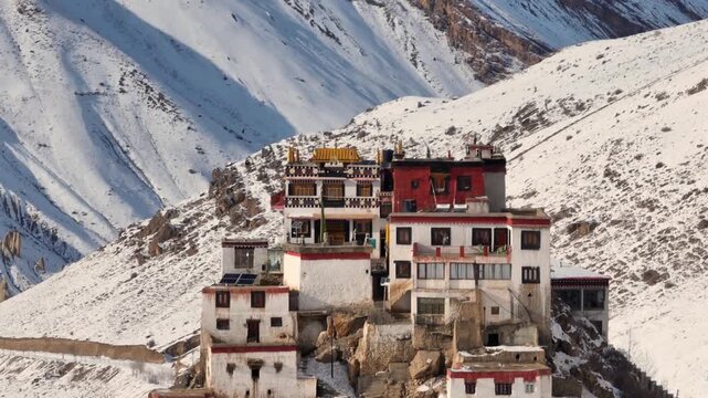 Aerial view of Key Monastery in Spiti Valley Himachal Pradesh India