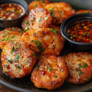 Thai fish cake spicy dipping sauce crispy texture appetizer authentic Thai street food close up shot vibrant colors high detail crunch effect