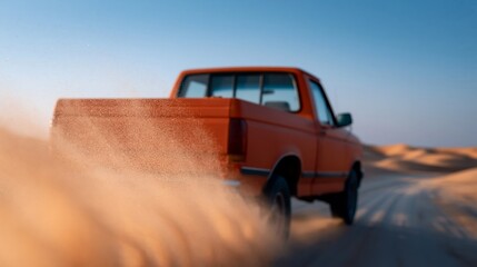 Obraz premium Orange pickup truck driving through sandy desert landscape, dust clouds rising behind as it navigates the winding dirt road under a clear blue sky