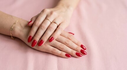 Fototapeta premium Woman hands with red manicure on pink background, beauty salon concept, nail care, romantic color, elegant polished fingers, feminine fashion detail, soft natural light, clean background, realistic