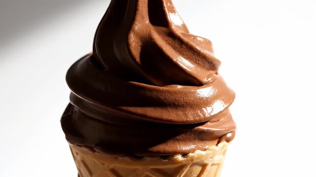 Close-up of rich chocolate soft-serve ice cream swirled atop a crispy waffle cone