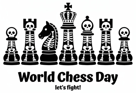 Graphic illustration featuring skeleton chess pieces for world chess day event.