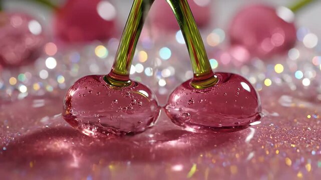 Close-up of two glossy pink glass cherries with green stems resting on a glittery pink surface with bokeh sparkles