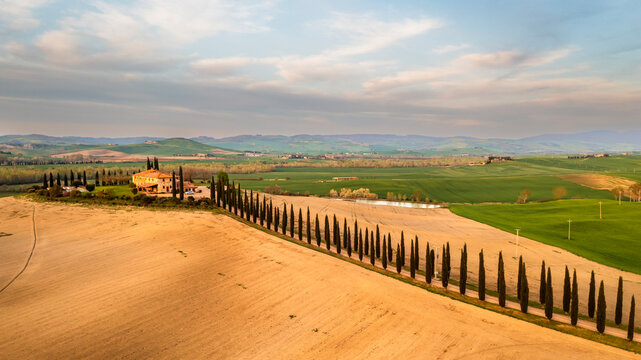 Tuscany outdoor landscape featuring a traditional farmhouse, cypress trees, and rolling fields, ideal for travel and tourism in Orcia valley, Pienza, Italy.