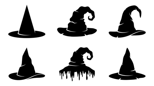 Collection of six different witch hat silhouettes for Halloween.