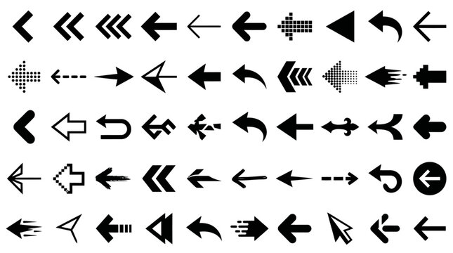 Collection of various black left pointing arrow icons and symbols.