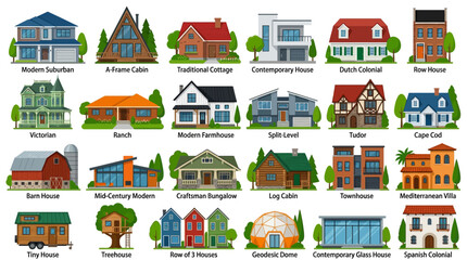 Naklejka premium Collection of various residential building styles and architectural home designs.