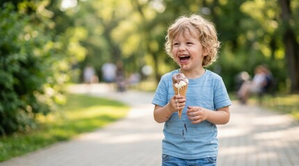 Fototapeta premium Happy laughing child holding melting ice cream, summer treat lifestyle and playful childhood joy, commercial stock photo, natural light, clean composition, neutral unbranded setting, realistic detail,