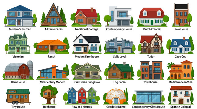 Collection of various residential building styles and architectural home designs.