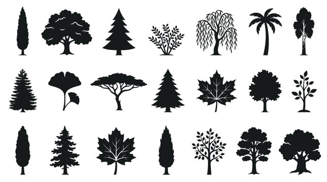 Collection of various tree and leaf silhouettes for nature design.