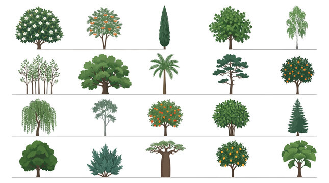 Collection of various tree species and plant types isolated on white.