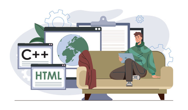 Developer studying on sofa. Vector illustration