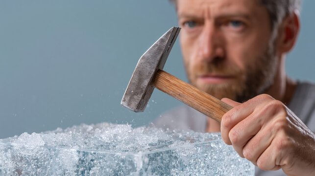 Man with beard using hammer to break ice block, focused expression, clear details of ice shards and hammer, indoor setting with soft background lighting