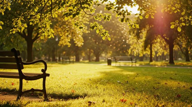 Tranquil autumn park scene with sunshine streaming through golden leaves and inviting benches for relaxation
