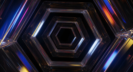 Fototapeta premium Abstract geometric tunnel with glowing neon light effects and dark glass frames creating deep perspective infinite depth.