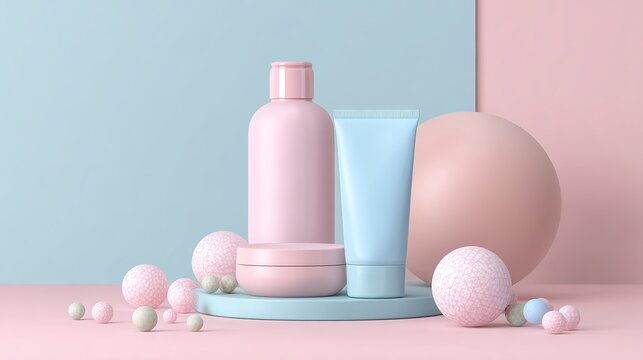 A collection of pastel-colored beauty products on a decorative stand with colorful balls and a soft background