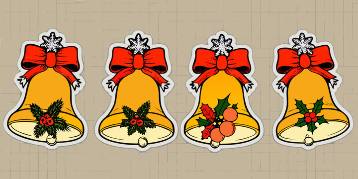cartoon golden bells with red bows and holly isolated on white