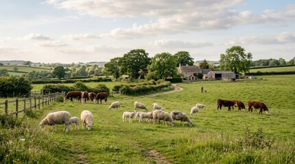 Fototapeta premium Countryside area with animals, rural pasture landscape, farm life with grazing livestock and open fields, soft natural light, clean commercial composition, neutral unbranded details, authentic