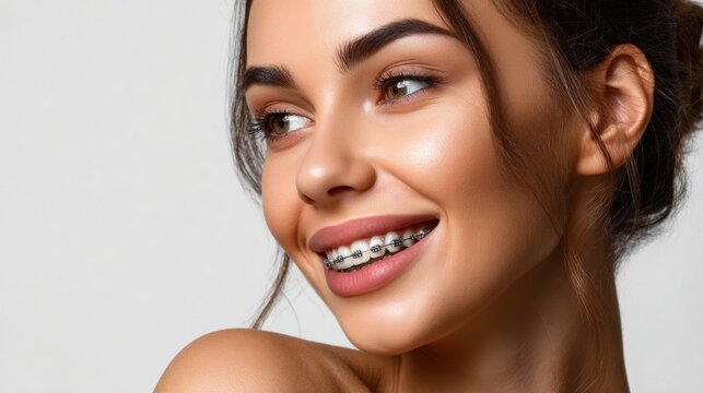Close up portrait of a woman smiling with orthodontic braces on a neutral background, ideal for dental treatment campaigns.