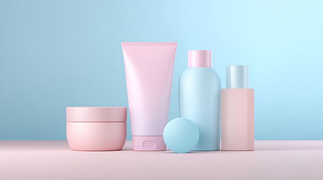A collection of pastel colored beauty products on a pink surface against a blue background