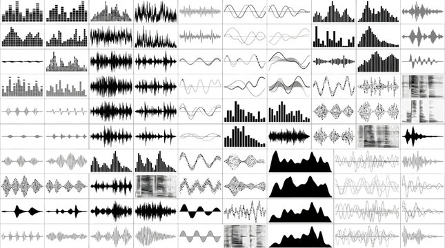 Large collection of diverse audio waveform visual representations.